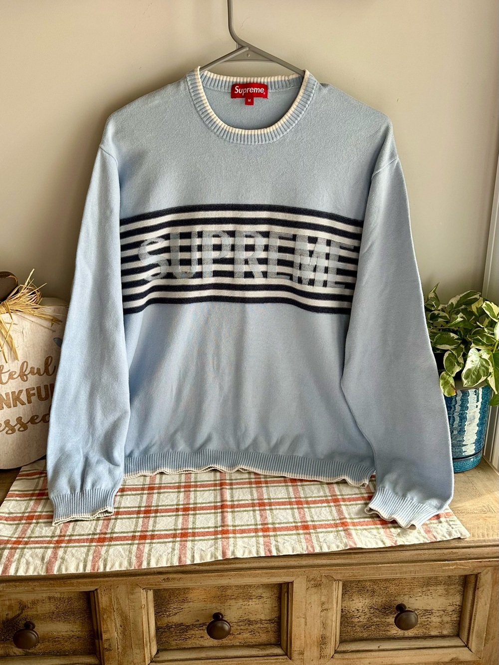 Supreme New York Chest Stripe Crewneck Knit Sweater in Light Blue